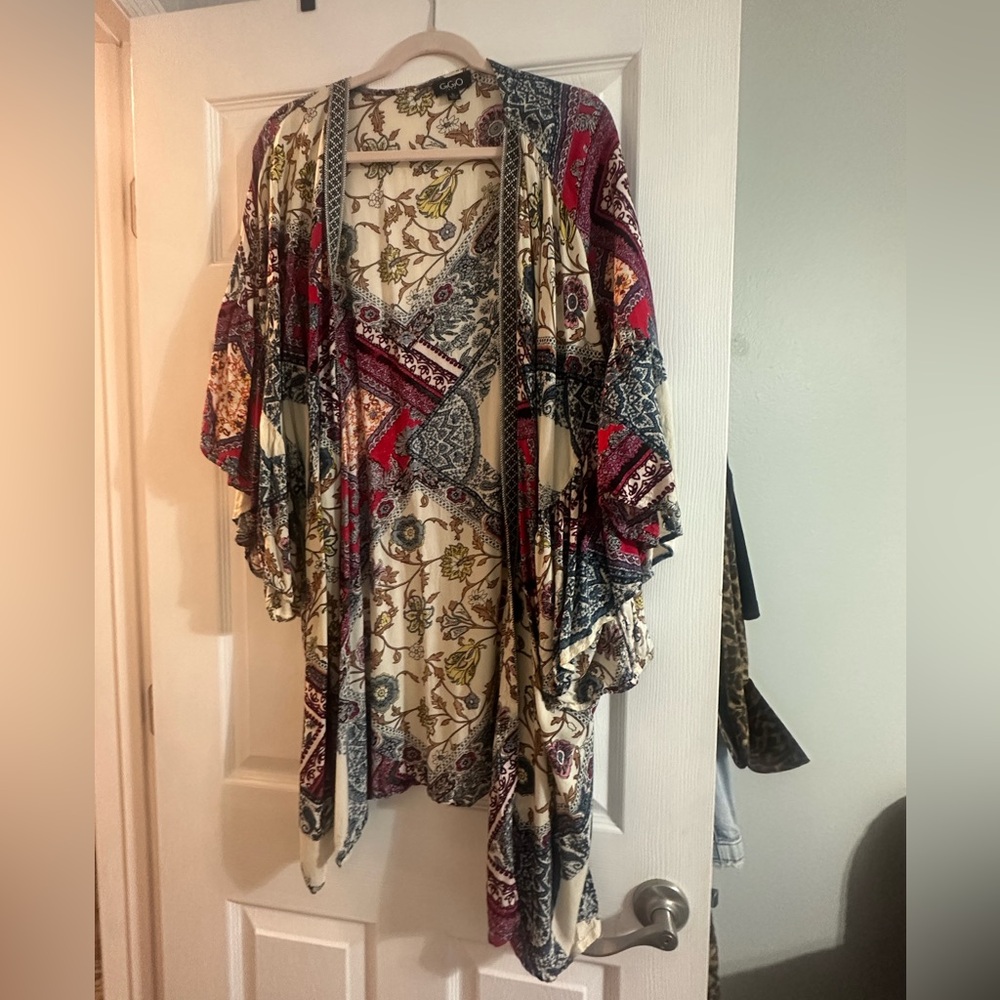 Boho Floral Patchwork Kimono Cardigan - Cream & Red